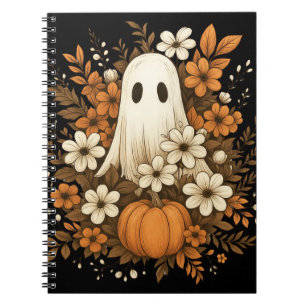 Cute Ghost With Pumpkin & Fall Flowers – Halloween Notebook