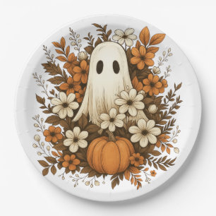 Cute Ghost With Pumpkin & Fall Flowers – Halloween Paper Plate