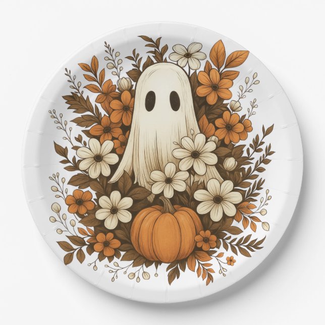 Cute Ghost With Pumpkin & Fall Flowers – Halloween Paper Plate (Front)