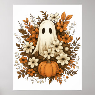 Cute Ghost With Pumpkin & Fall Flowers – Halloween Poster
