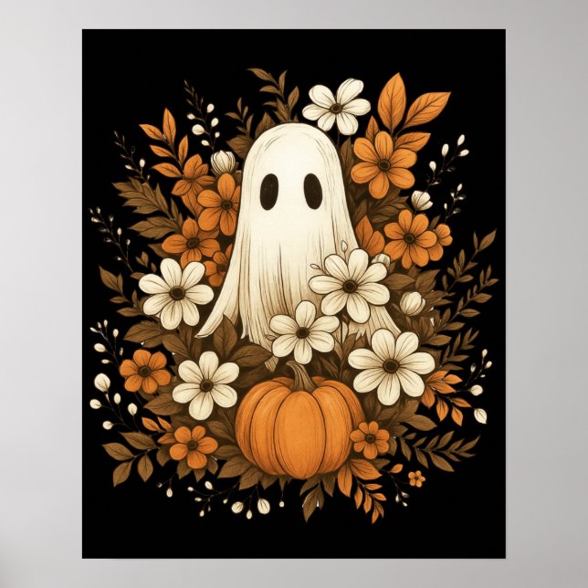 Cute Ghost With Pumpkin & Fall Flowers – Halloween Poster (Front)