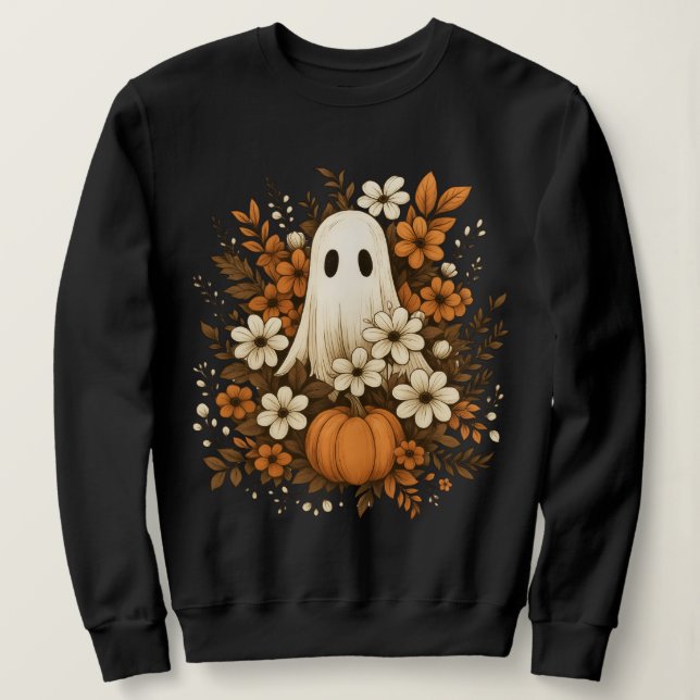 Cute Ghost With Pumpkin & Fall Flowers – Halloween Sweatshirt (Design Front)
