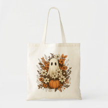 Cute Ghost With Pumpkin & Fall Flowers – Halloween