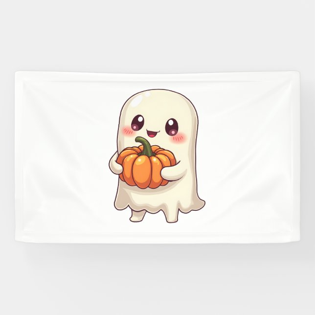 Cute Ghost with Pumpkin – Funny Halloween Banner (Horizontal)