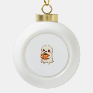 Cute Ghost with Pumpkin – Funny Halloween Ceramic Ball Christmas Ornament