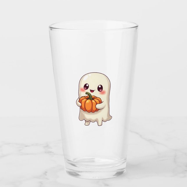 Cute Ghost with Pumpkin � Funny Halloween Glass (Front)