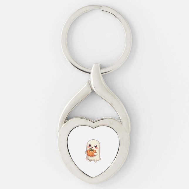 Cute Ghost with Pumpkin � Funny Halloween Key Ring (Front)