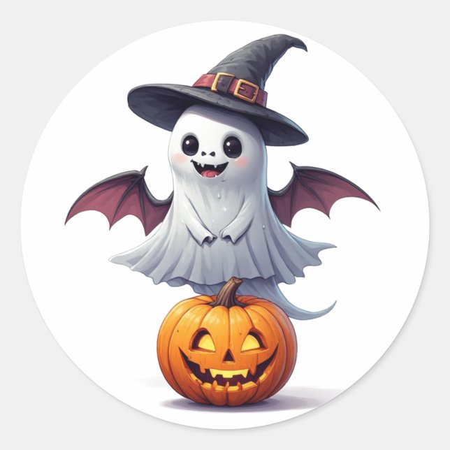 Cute Ghost With Pumpkin Halloween 👻 Classic Round Sticker (Front)