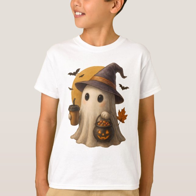 Cute Ghost with Pumpkin Halloween T-Shirt 👻 (Front)
