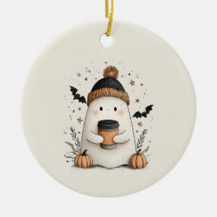 Cute Ghost with Pumpkin Latte – Cosy Autumn Hallow Ceramic Ornament