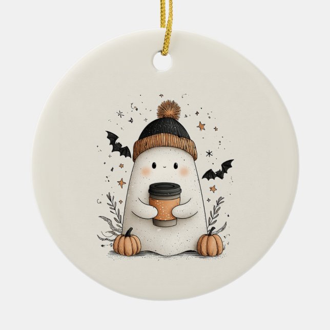 Cute Ghost with Pumpkin Latte – Cosy Autumn Hallow Ceramic Ornament (Front)