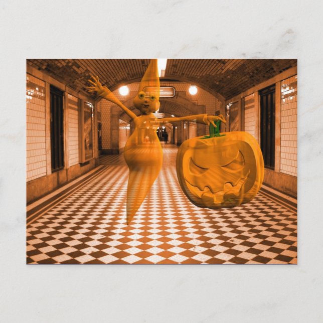 Cute Ghost With Pumpkin Postcard (Front)