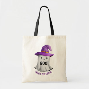 Cute ghost with purple witch hat boo Halloween Tote Bag