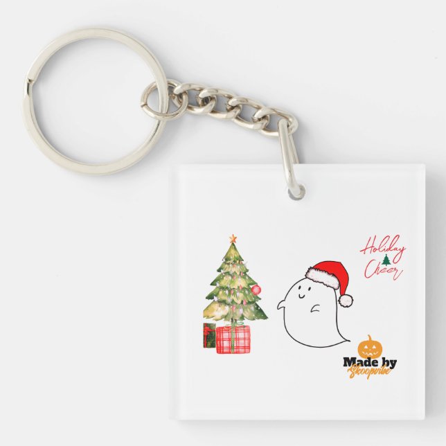 Cute Ghost with Santa Hat & Christmas Tree – Adora Key Ring (Front)