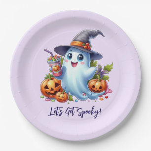 Cute Ghost with spooky drinks, Halloween Paper Plate