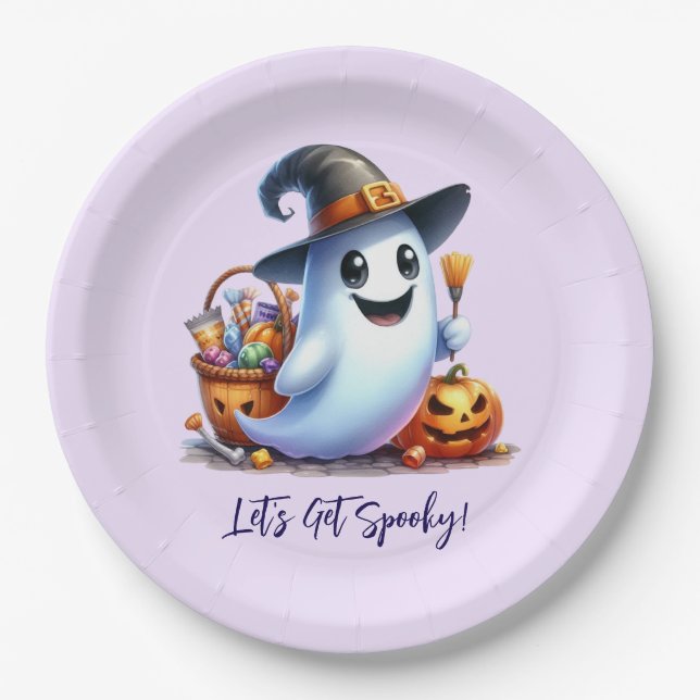 Cute Ghost with spooky drinks, Halloween Paper Plate (Front)