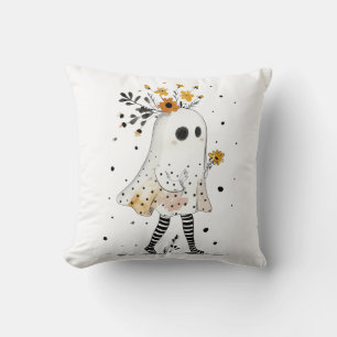 Cute Ghost with Sunflowers Whimsical Halloween Cushion