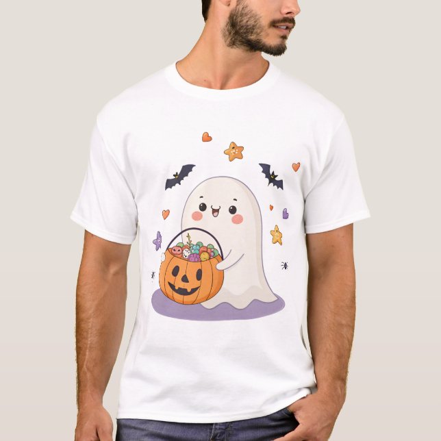 Cute Ghost with Trick-or-Treat Candy Bucket T-Shirt (Front)