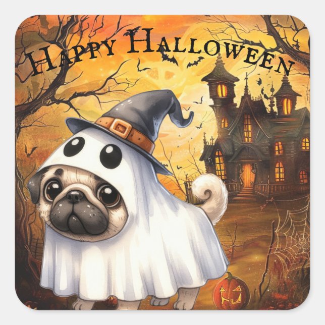 Cute Ghostie Pug Customisable Halloween Square Sticker (Front)