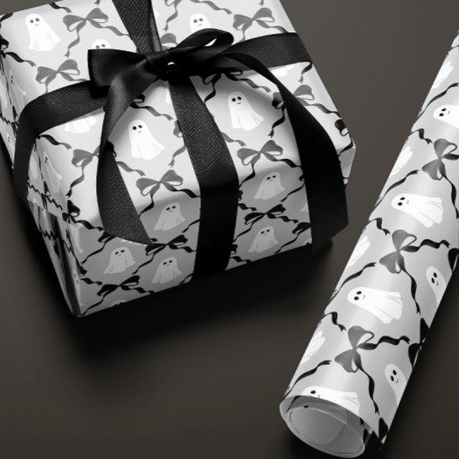 Cute Ghosts and Black Bows on Grey Halloween Wrapping Paper (pale gray Halloween gift wrapping paper with a cute smiling ghost and black bow diamonds)