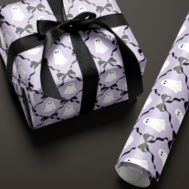 Cute Ghosts and Black Bows on Lilac Halloween Wrapping Paper (Lilac black bow and cute ghost halloween wrapping paper roll)