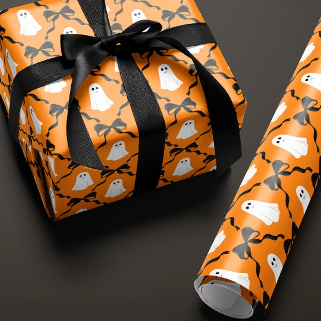 Cute Ghosts and Black Bows on Orange Halloween Wrapping Paper (orange Halloween gift wrapping paper with a cute smiling ghost and black bow diamonds)