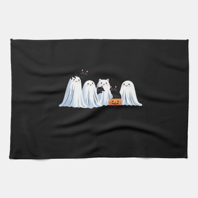 Cute Ghosts and Black Cats Halloween � Spooky Seas Tea Towel (Horizontal)