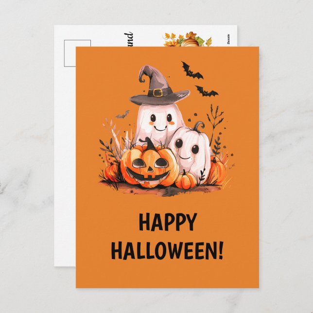 Cute Ghosts and Pumpkins - Happy Halloween Holiday Postcard (Front/Back)