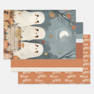 Cute Ghosts Autumn Colours Halloween Themed Wrapping Paper Sheet