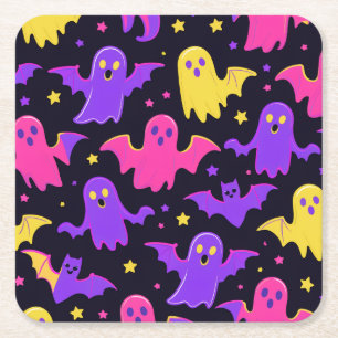 Cute Ghosts & Bats Halloween Square Paper Coaster