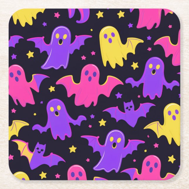 Cute Ghosts & Bats Halloween Square Paper Coaster (Front)