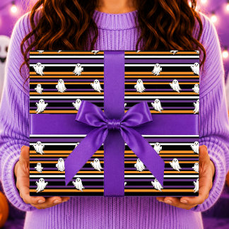 Cute Ghosts Black Orange Purple Stripes Wrapping Paper