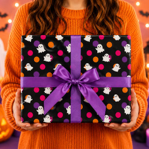 Cute Ghosts Black Polka Dot Halloween Wrapping Paper