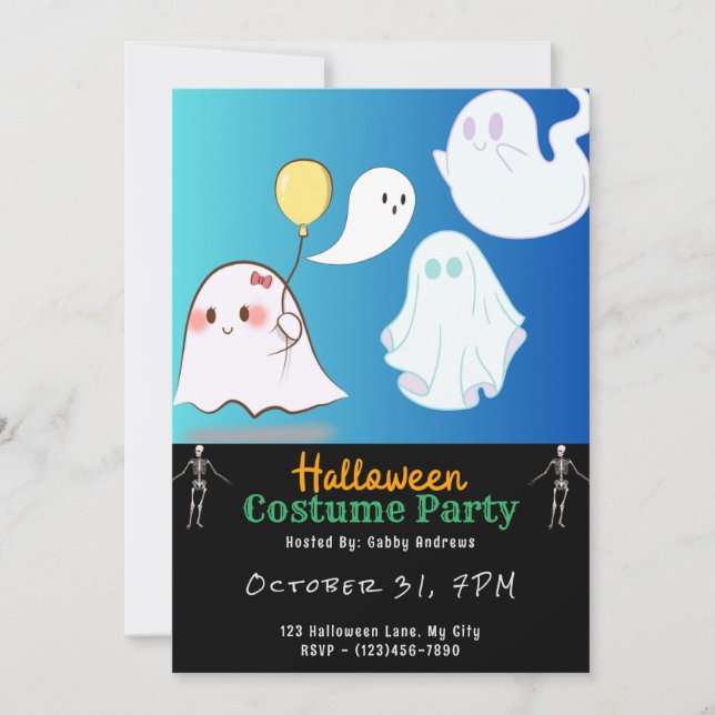 Cute Ghosts Blue Sky Black Halloween Invitation (Front)