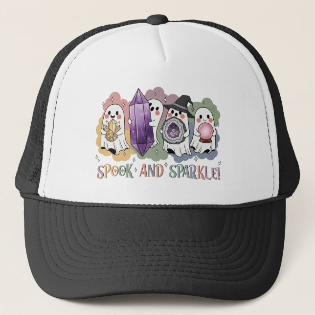 Cute Ghosts Crystals Halloween Magic Aesthetic Trucker Hat (Front)