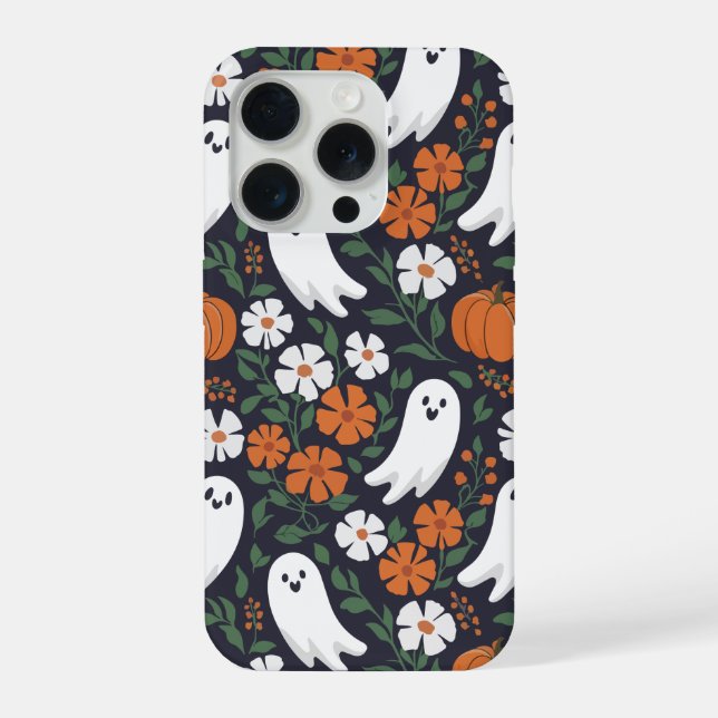 Cute Ghosts Flowers and Pumpkins Halloween Pattern iPhone Case (Back)