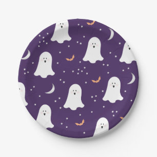Cute Ghosts Halloween Dark Purple Paper Plate