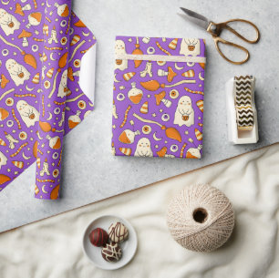 Cute ghosts Halloween Elegant purple Orange Wrapping Paper