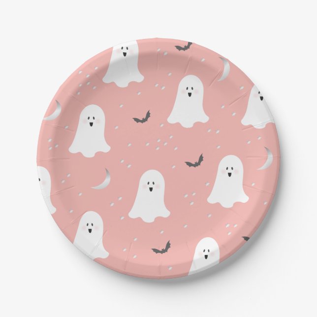 Cute Ghosts Halloween Pink Paper Plate (Front)