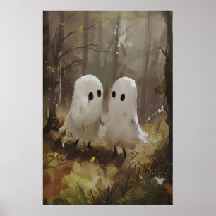 Cute Ghosts in Autumn Forest Colours, Dark Poster