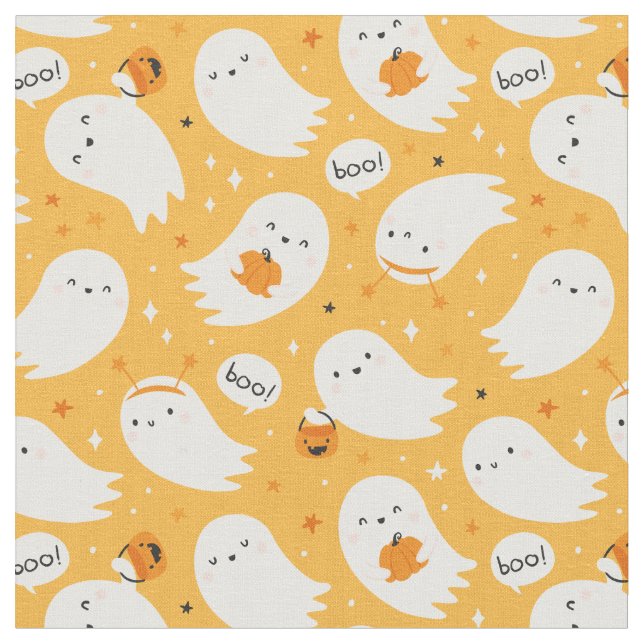 Cute Ghosts on Orange with pumpkin Candy baskets Fabric (Close Up)