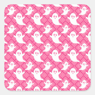 Cute Ghosts on Pink Plaid Square Sticker
