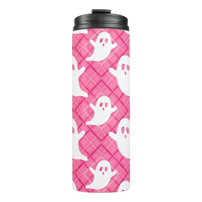 Cute Ghosts on Pink Plaid Thermal Tumbler (Front)