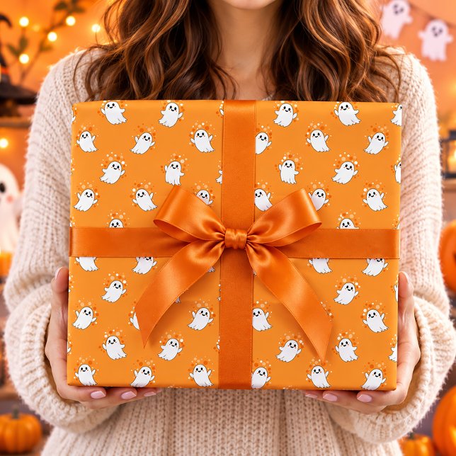 Cute Ghosts Orange Halloween Pattern Wrapping Paper (Creator Uploaded)