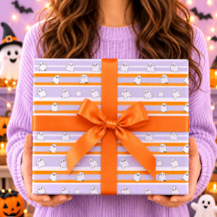 Cute Ghosts Orange White Striped Halloween Wrapping Paper