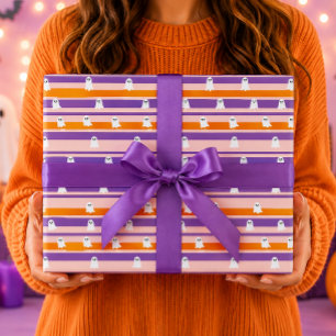 Cute Ghosts Pink Purple Orange Stripes Wrapping Paper