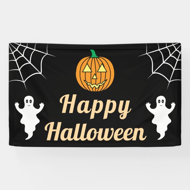 Cute Ghosts Pumpkin Spider Web Fun Halloween Party Banner (Horizontal)