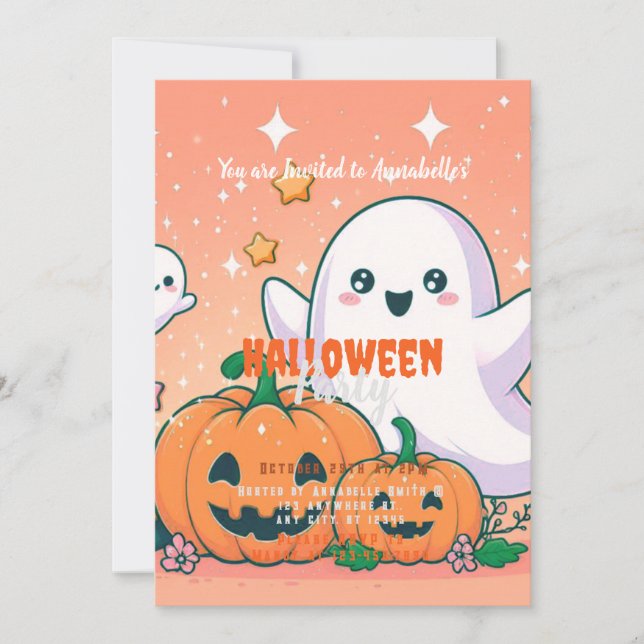 Cute Ghosts, Pumpkins and Stars Halloween Party Invitation (Front)