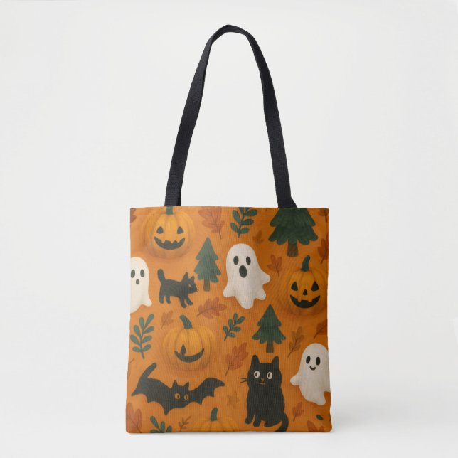 Cute Ghosts & Pumpkins | Halloween Fleece Blanket Tote Bag (Front)