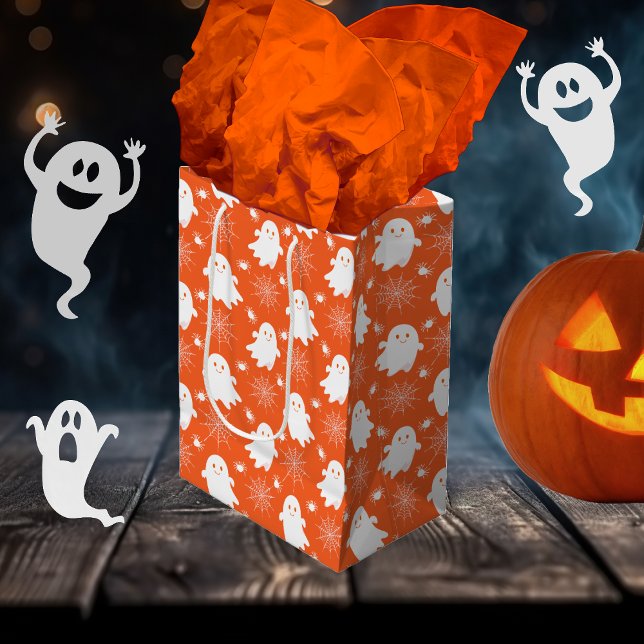 Cute Ghosts | Spiders | Spider Webs Halloween Medium Gift Bag (Cute Ghosts | Spiders | Spider Webs Halloween Orange and White Gift Bag)